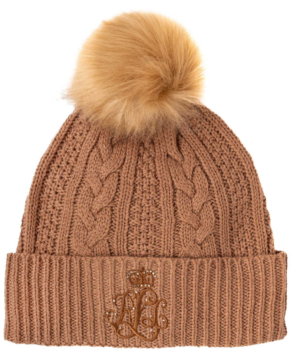 Ralph Lauren Cable Hat With Direct Embroidery And Stones In Classic Camel