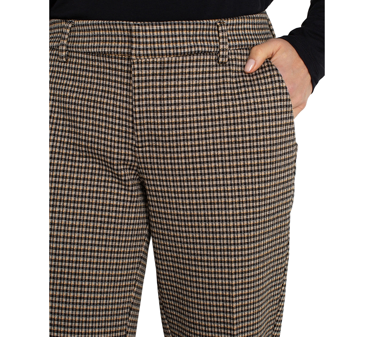 Liverpool Women's Kelsey Mid Rise Plaid Knit Straight-Leg Pants -Tan Check