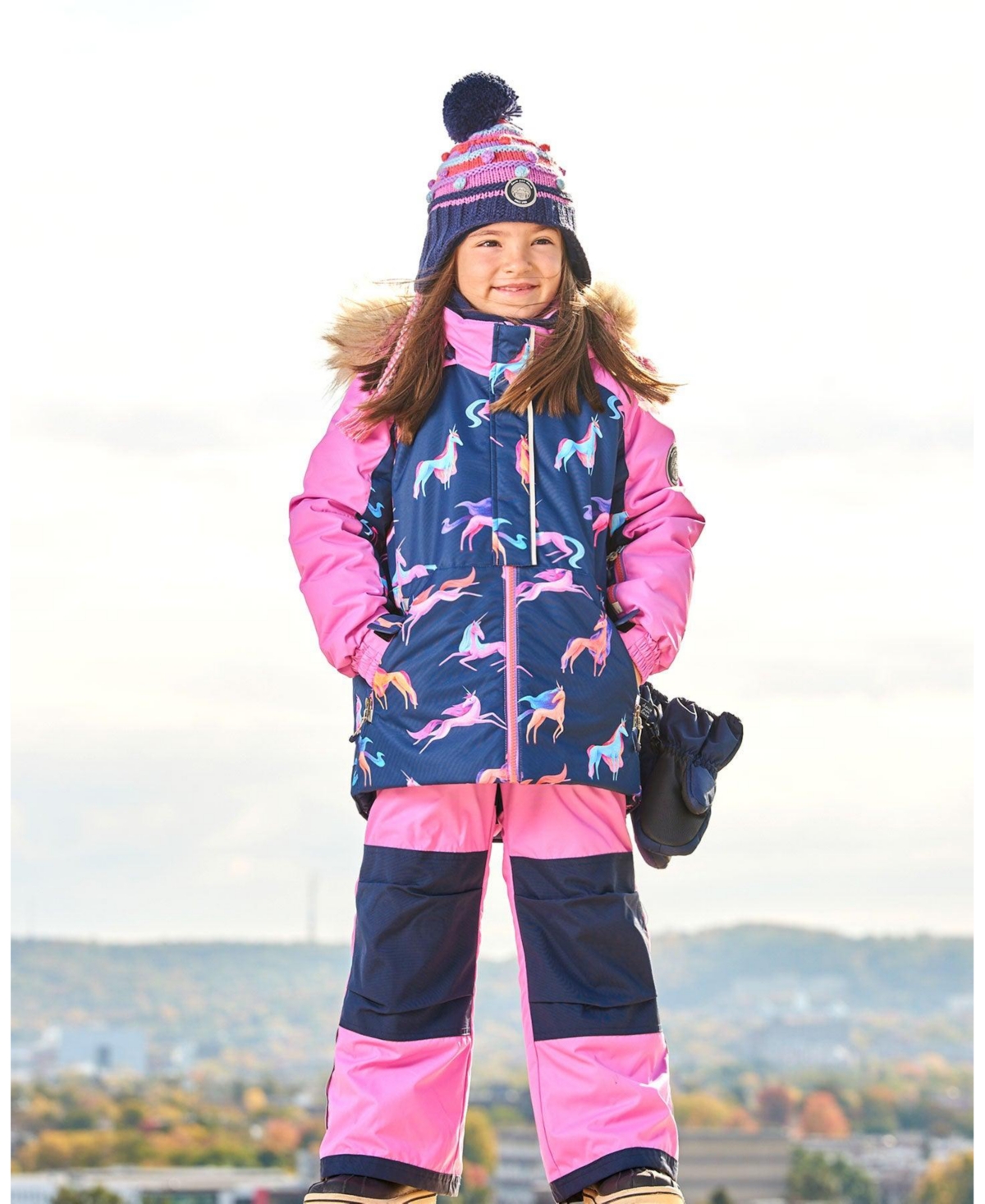 Deux par Deux Big Girls Two Piece Snowsuit- Mauve printed unicorns