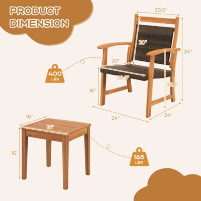 3 Piece Brown Wicker Bistro Set Patio Chair Set of 2 w/ Acacia Wood Side Table