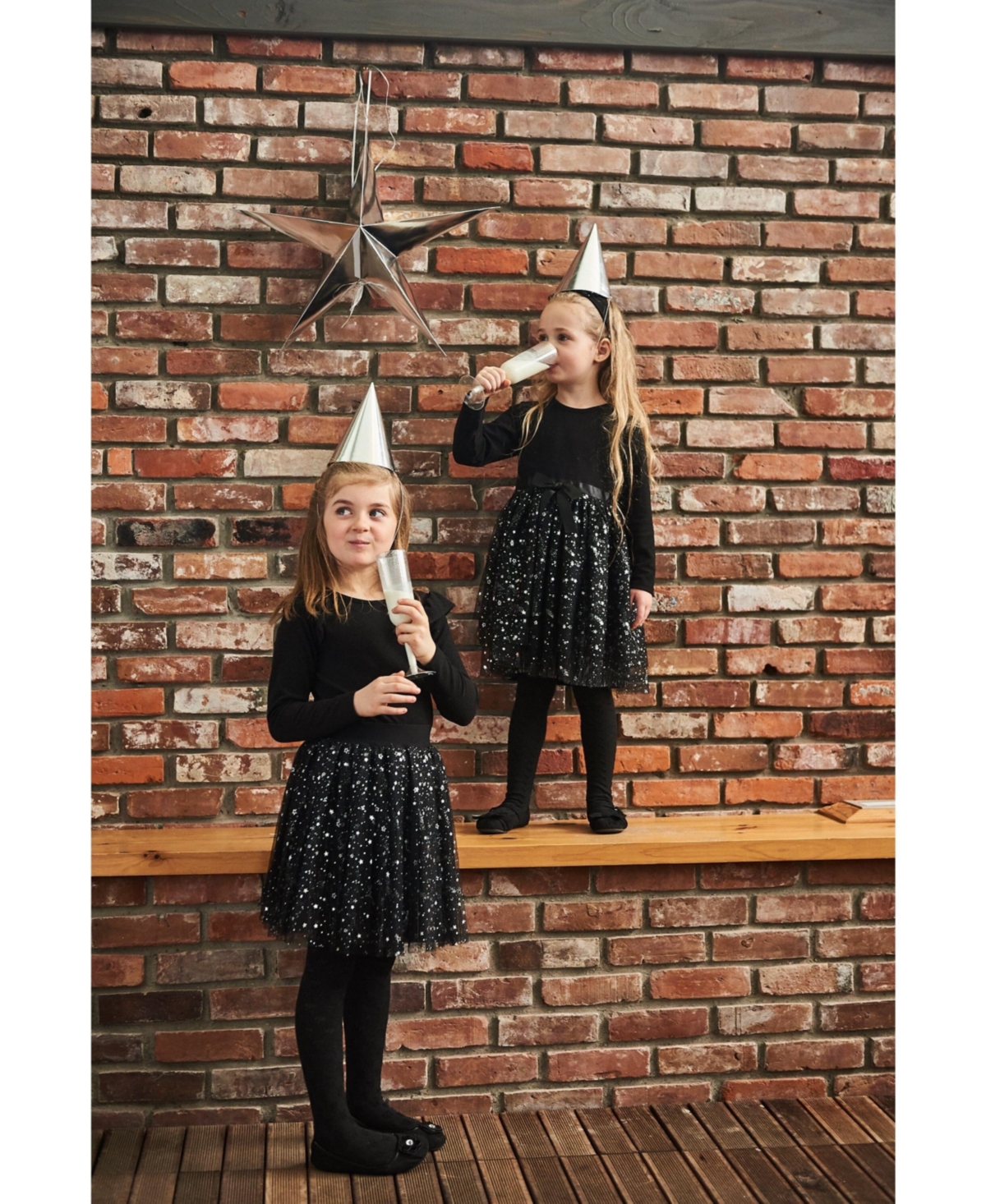 Deux par Deux Big Girls Long Sleeve Dress With Glittering Tulle Skirt- Black