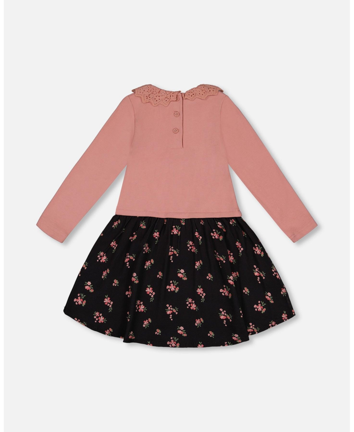 Deux par Deux Big Girls Bi-Material Dress With Eyelet Collar- Light pink printed flowers