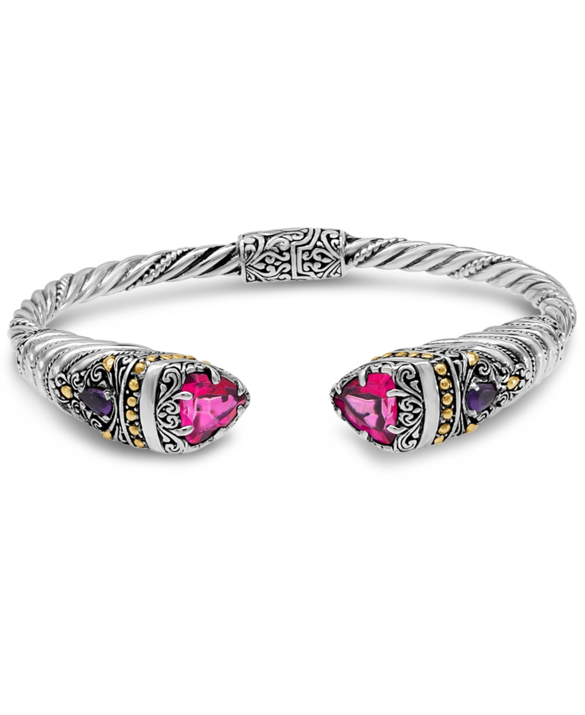Pink Topaz & Bali Uluwatu Cuff Bracelet in Sterling Silver and 18K Gold - Silver, pink