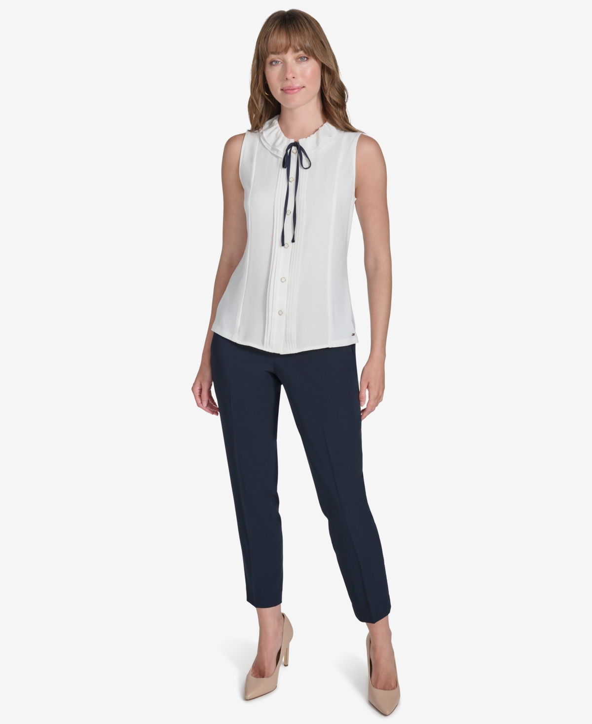 Tommy Hilfiger Women's Sleeveless Tie-neck Blouse In Ivry,midni