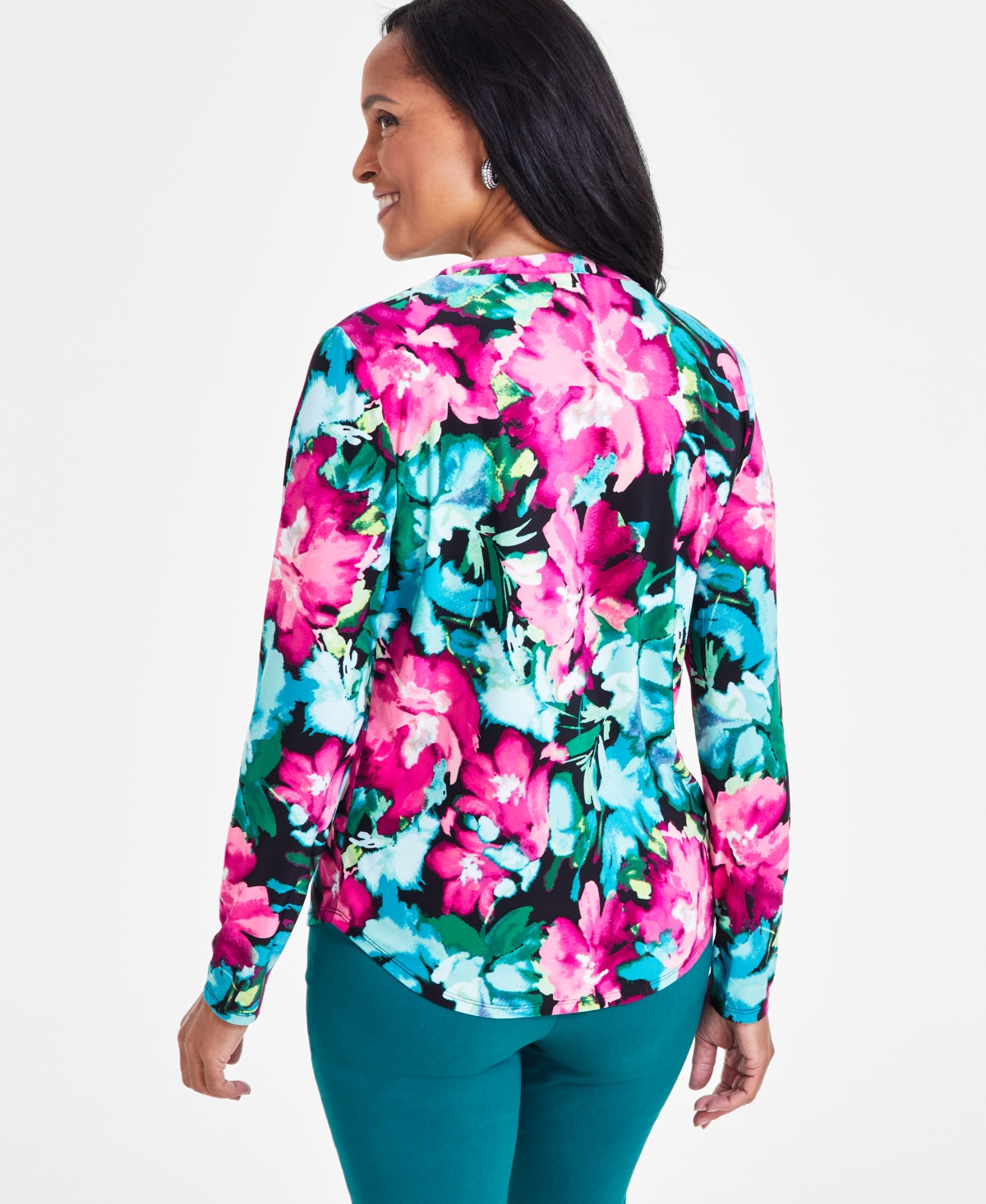 I.n.c. International Concepts Petite Printed Zip-Pocket Long-Sleeve Top, Created for Macy's