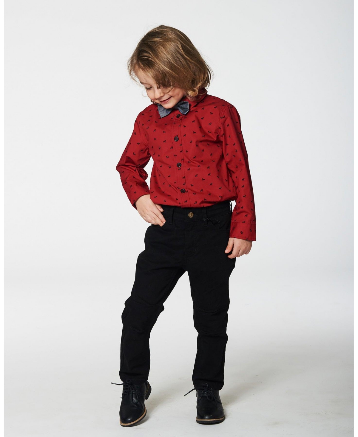 Deux par Deux Big Boys Printed Reindeer Poplin Shirt With Bow Tie Red