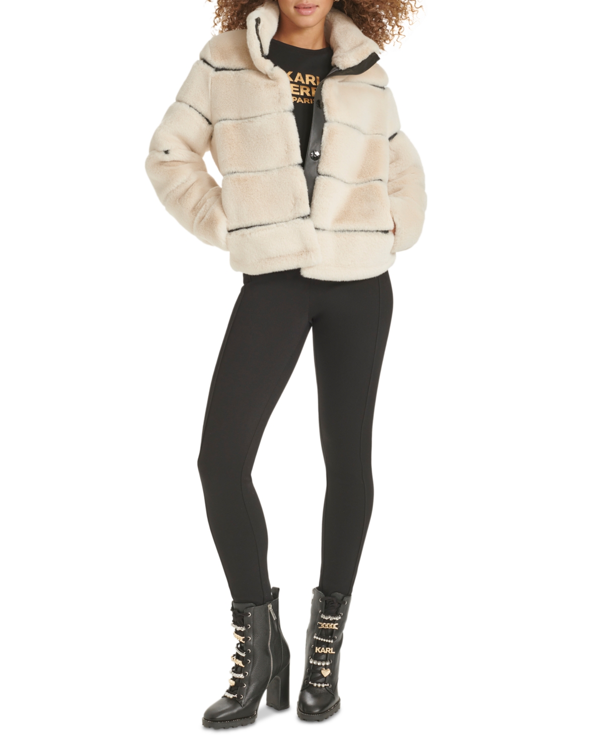 Karl Lagerfeld Paris Womens Faux-Leather Trim Faux-Fur Short Coat