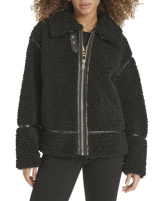 Women's Faux-Leather-Trim Teddy Moto Coat