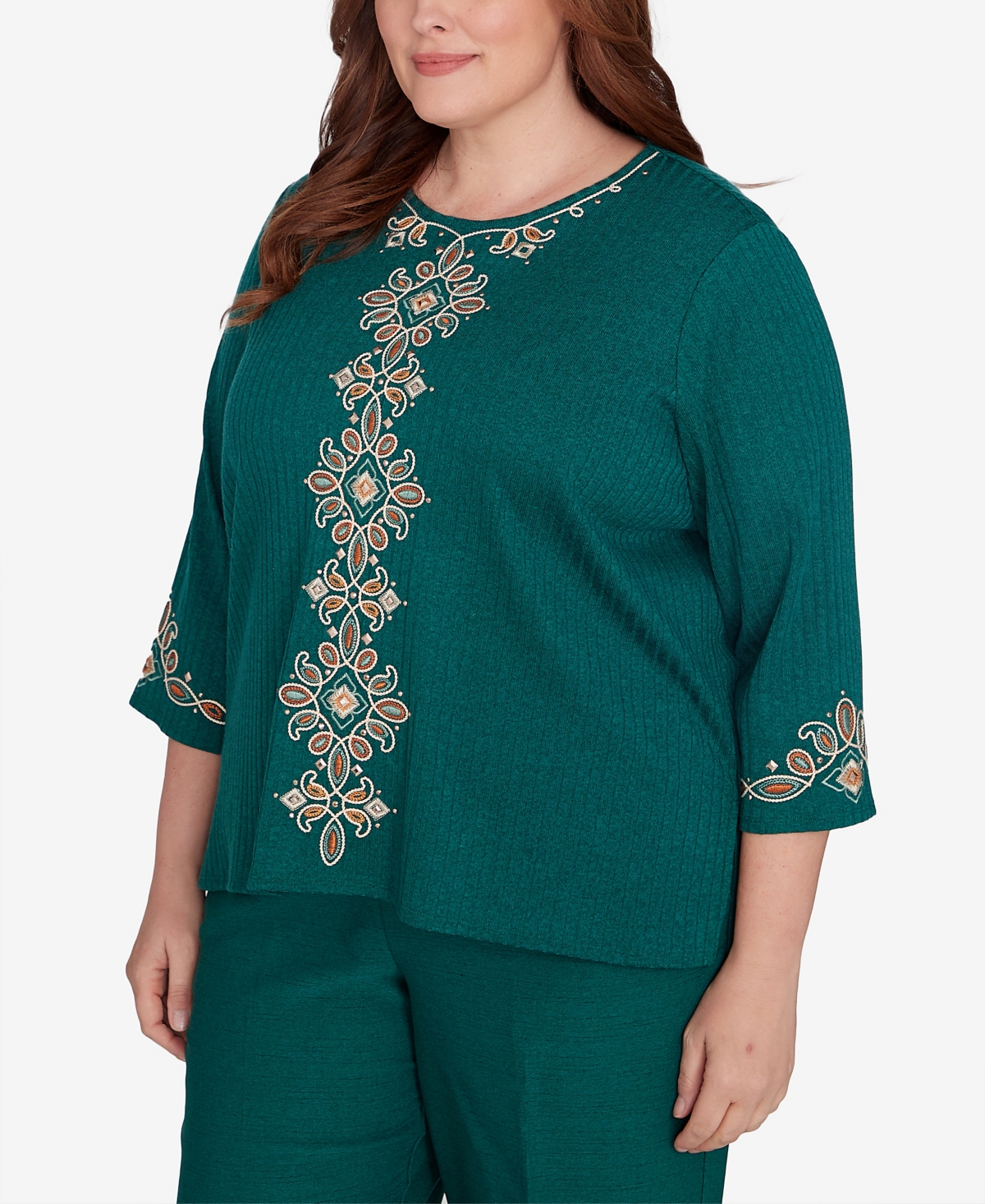 Alfred Dunner Plus SizeIsle Center Medallion Embroidered Three Quarter Sleeve Top - Emerald