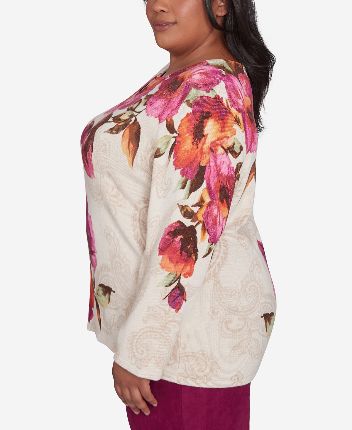 Alfred Dunner Plus Size Wine Country Watercolor Floral Beaded Split Neck Sweater