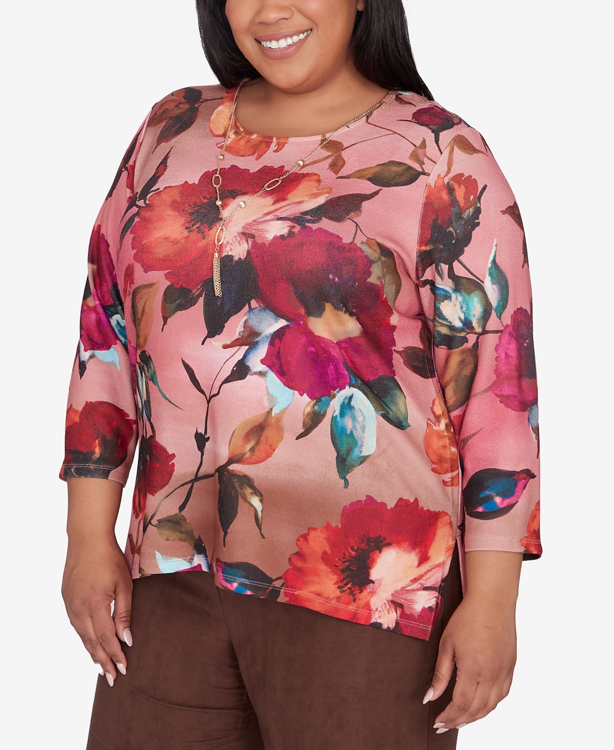 Alfred Dunner Plus Size Wine Country Dramatic Floral Crew Neck Top With Necklace