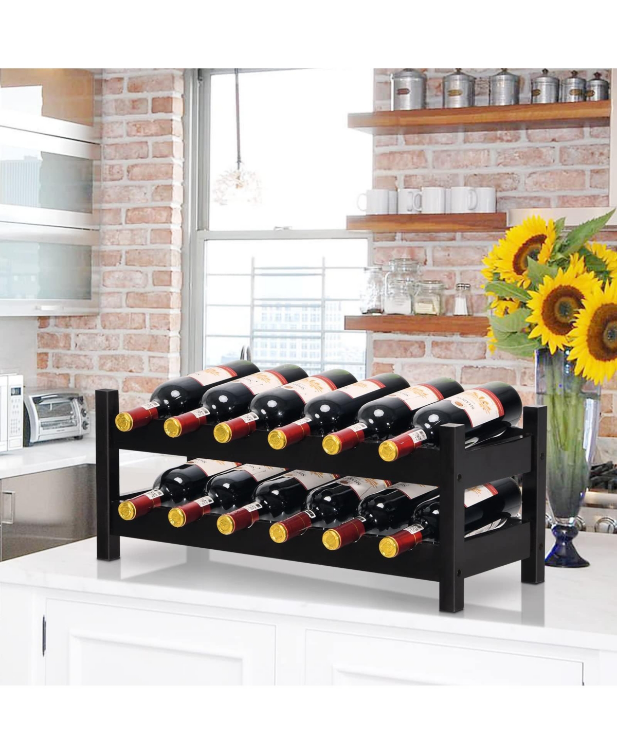 Sugift 2-Tier 12 Bottles Bamboo Storage Shelf Wine Rack