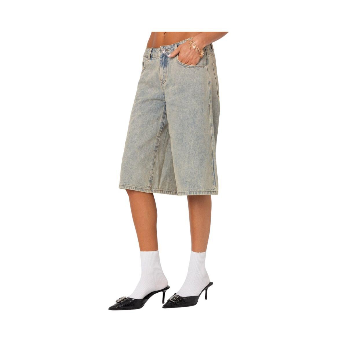 Edikted Women's Xtra Long Acid Wash Denim Bermuda Shorts