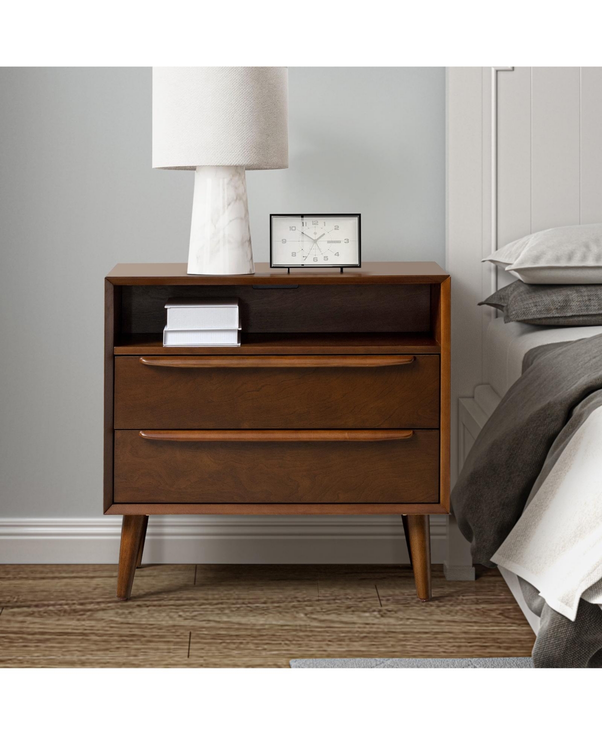 Hulala Home Kay Mid-century Modern 2 - Drawer Nightstand with Built-In Outlets
