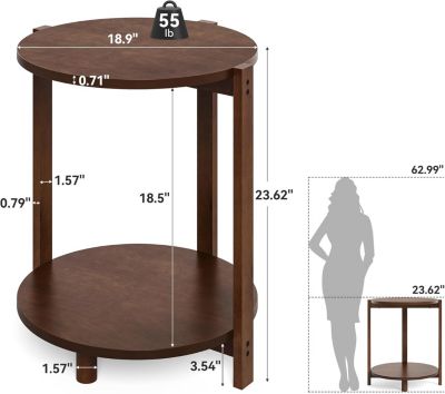 Solid Wood Side Table for Living Room, Small Round End Table with 2-Tier Storage