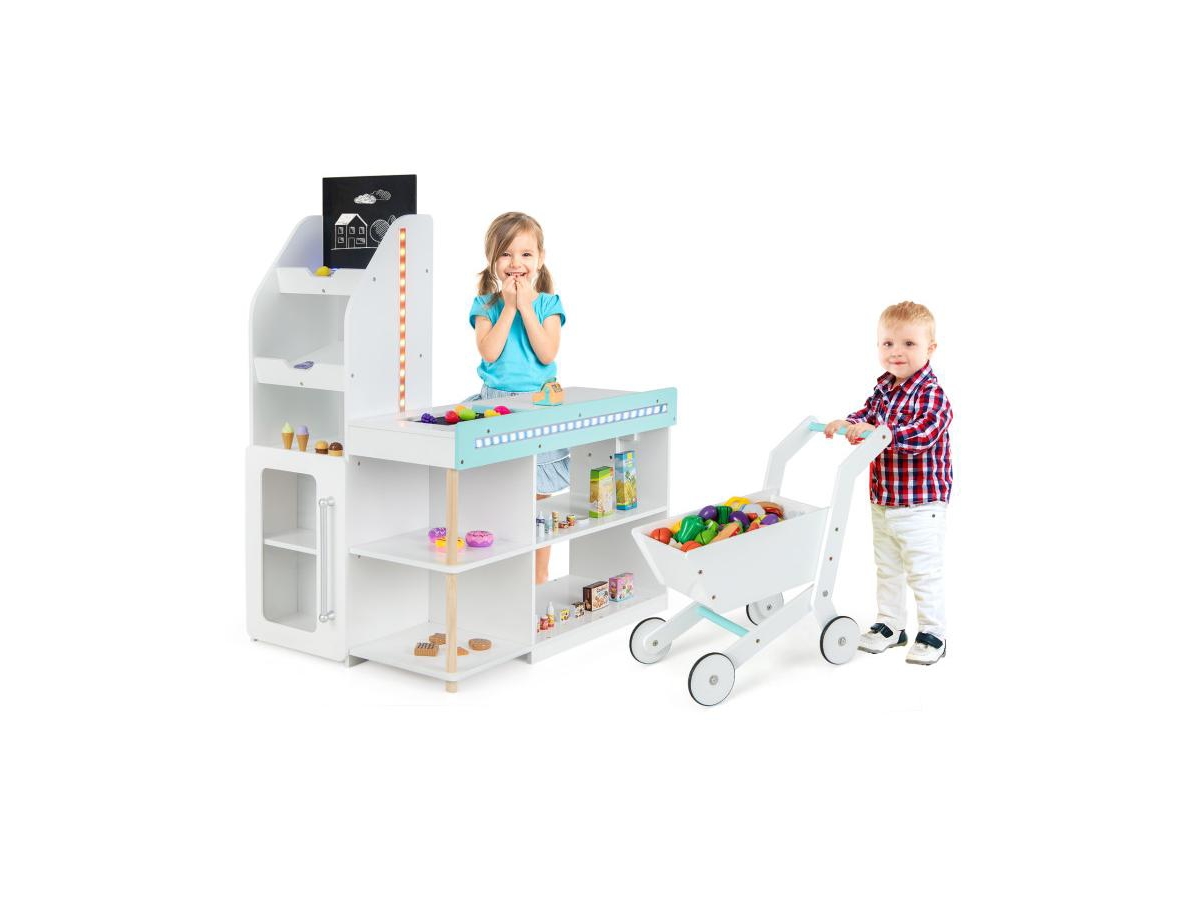 Slickblue Wooden Kids Supermarket Playset with Cash Register and Shopping Cart- White
