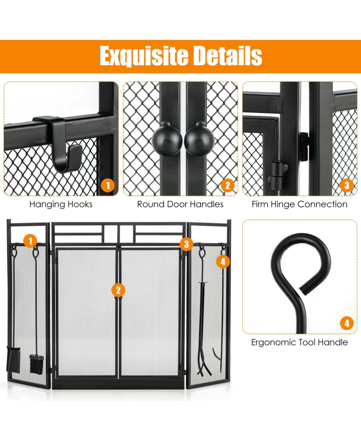 Sugift 3-Panel Folding Wrought Iron Fireplace Screen with Doors and 4 Pieces Tools Set