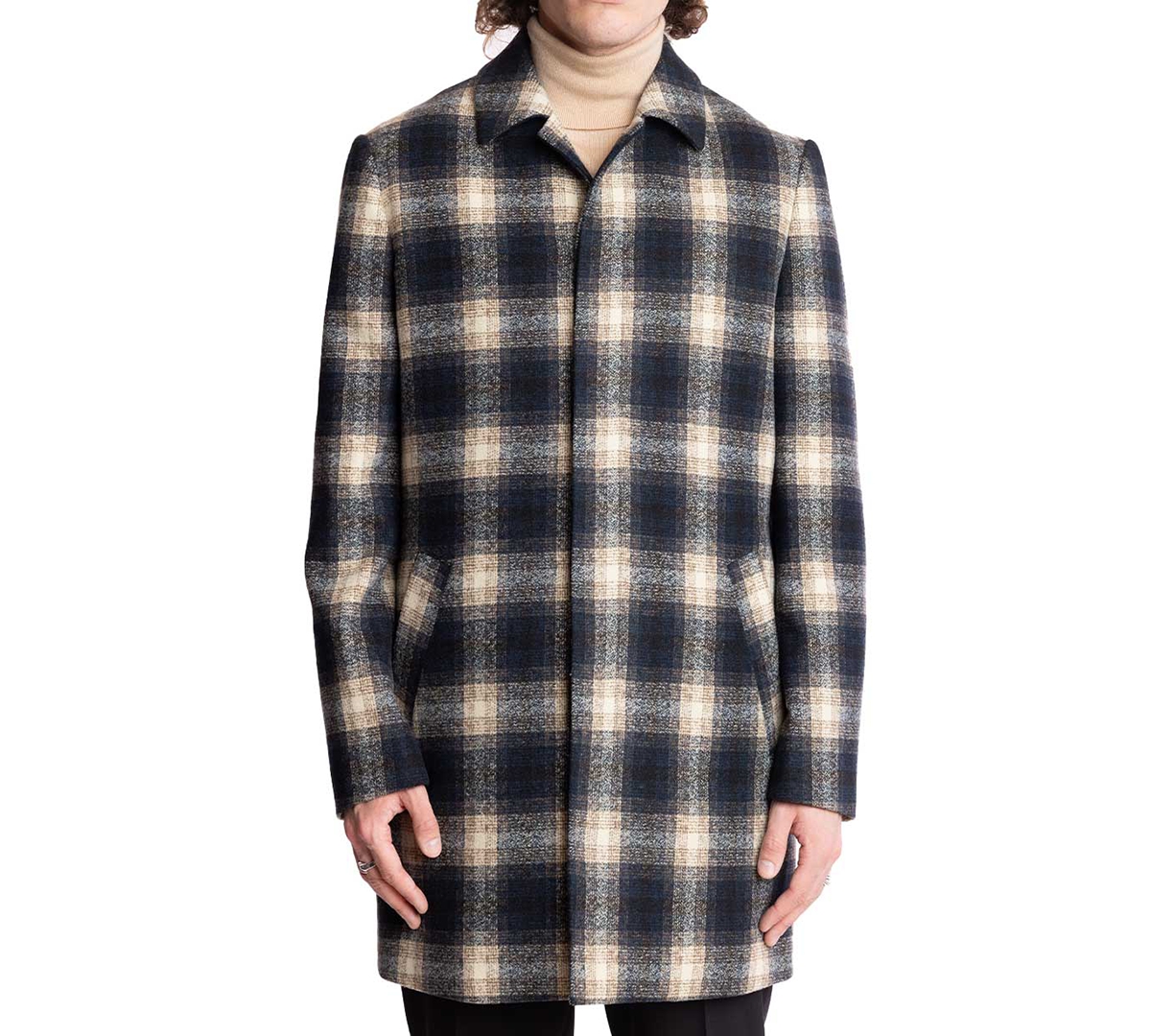 Men's Navy & Cream Buffalo Plaid Topper Coat - Navy Cream Buffalo Plaid