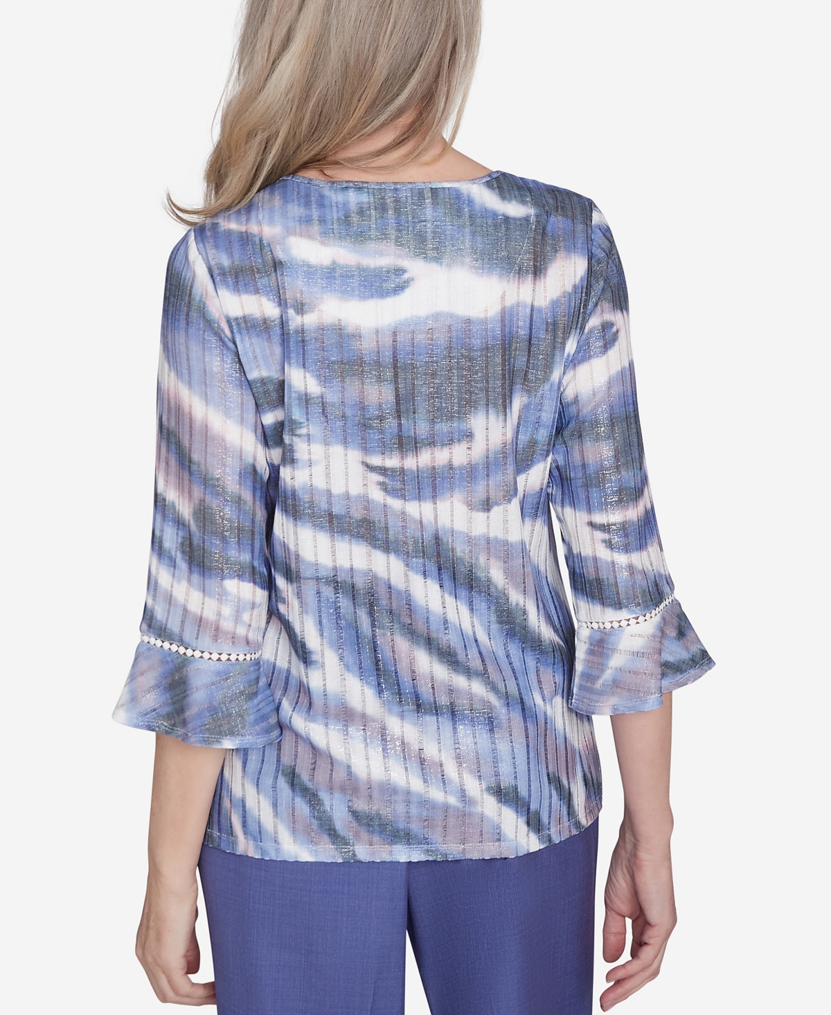 Shop Alfred Dunner Women's Worth Avenue Watercolor Top With Three Quarter Bell Sleeves In Multi Purple