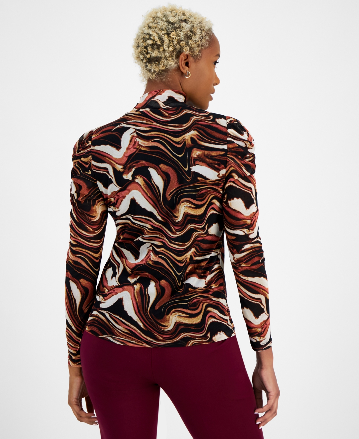 Bar Iii Women's Printed Mock-neck Long-sleeve Mesh Top, Created For Macy's In Medium Saddle