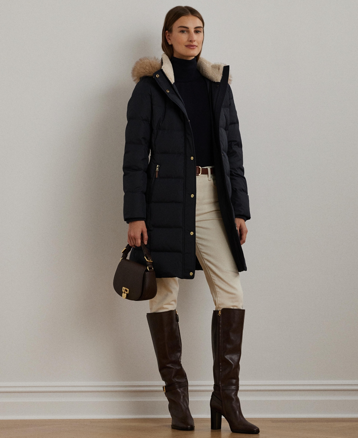 Ralph Lauren Petite Faux-fur-trim Hooded Puffer Coat In Blue