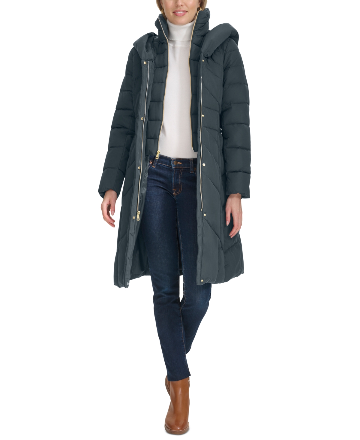Cole Haan Hooded Taffeta Down In Blue