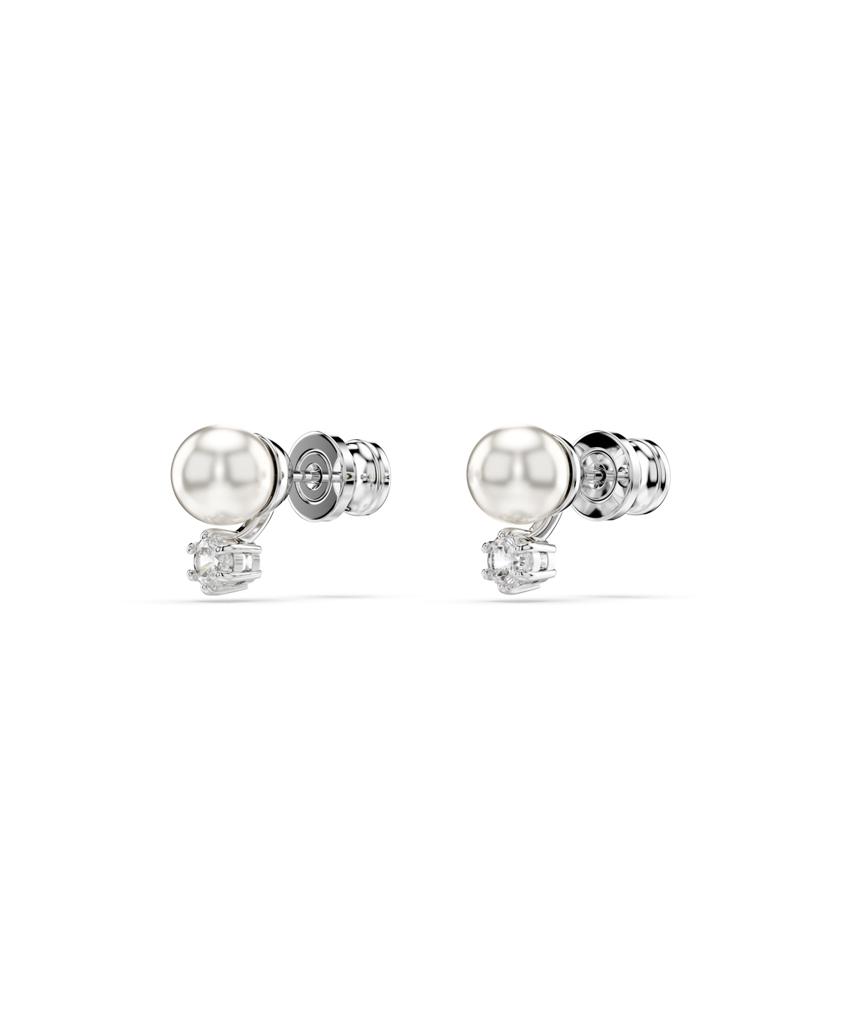 Swarovski Crystal Pearl, Round Cut, White, Rhodium Plated Matrix Stud Earrings In Silver