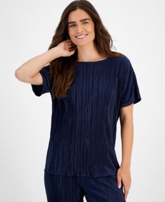 JM Collection - Women's Boat-Neck Pliss&eacute;-Texture Top