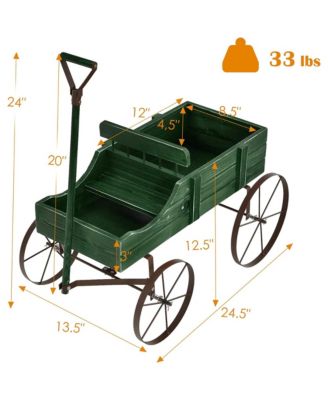 Wooden Wagon Plant Bed with Metal Wheels for Garden Yard Patio