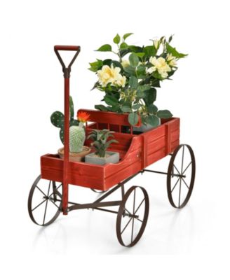 Wooden Wagon Plant Bed with Metal Wheels for Garden Yard Patio