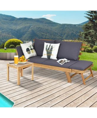 Adjustable Patio Sofa Daybed Acacia Wood Furniture w/ Cushion Pillow