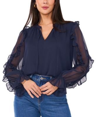 1.STATE - Women's Tie-Neck Ruffled Sheer-Sleeve Blouse