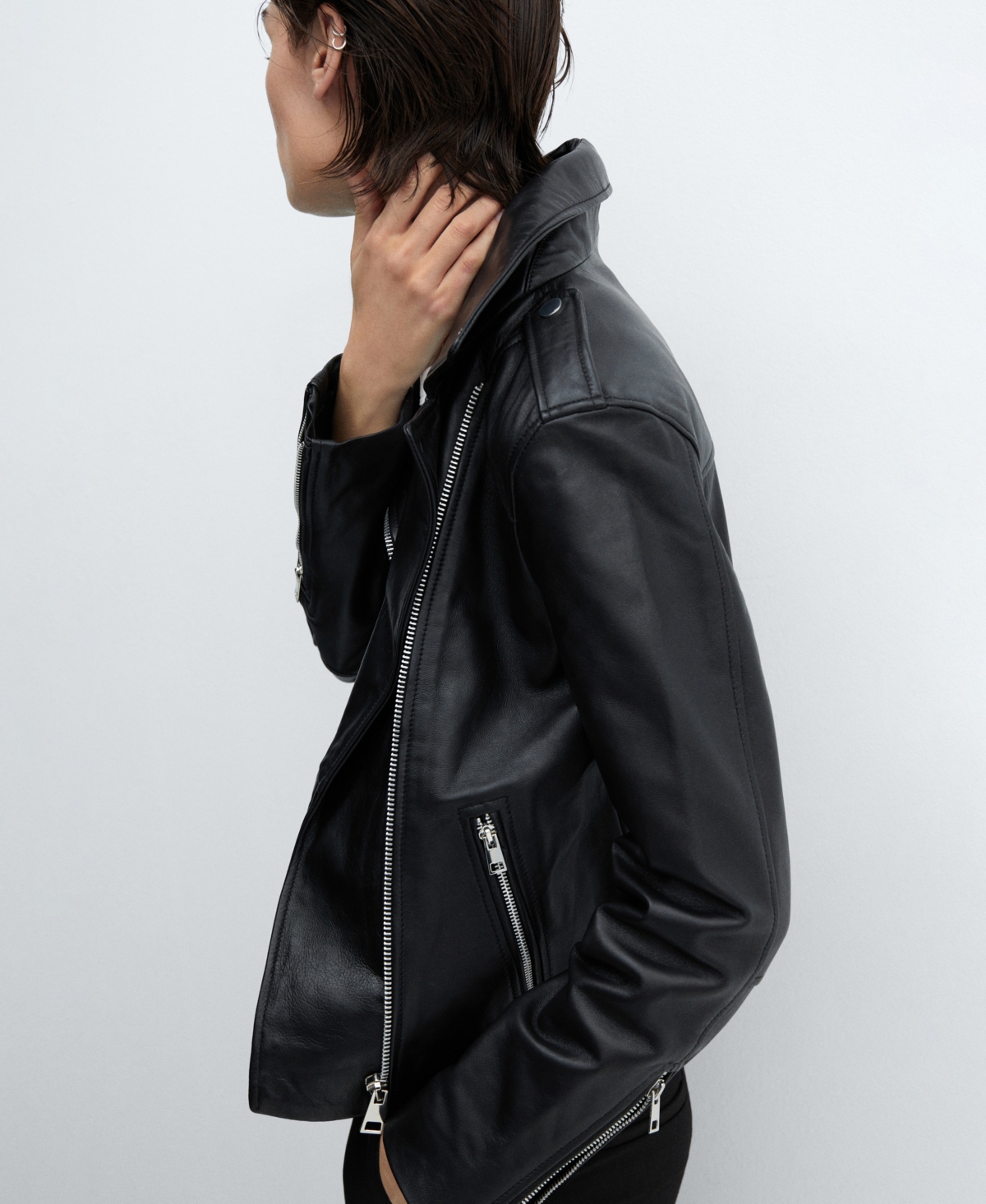 Mango Leather-effect Biker Jacket Black In Black