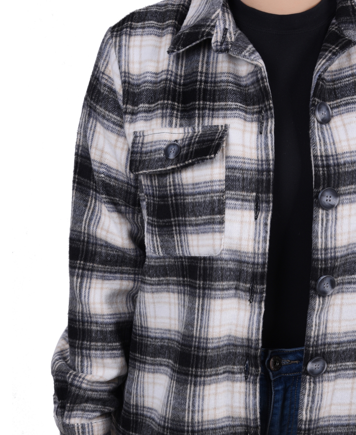 Ny Collection Long Sleeve Twill Shirt Jacket In Black Plaid