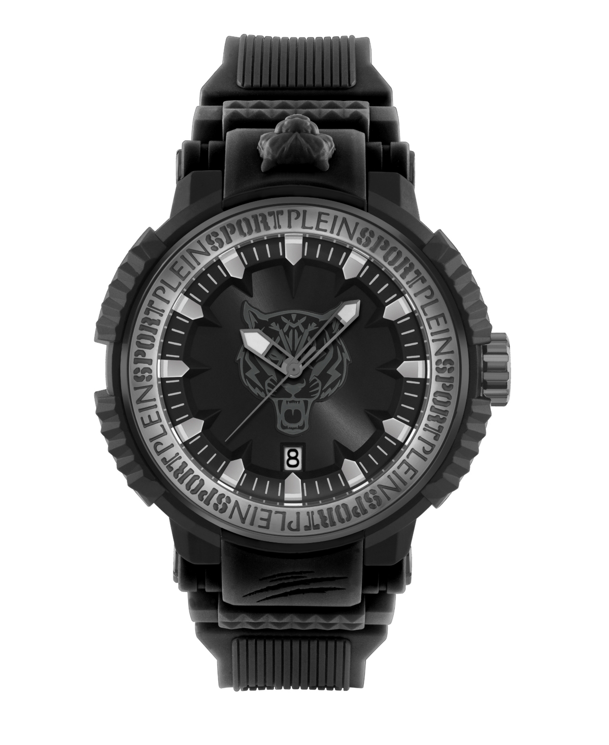 Shop Plein Sport Men's Tiger Power 3 Hand Date Quartz Black Silicone Strap 45mm
