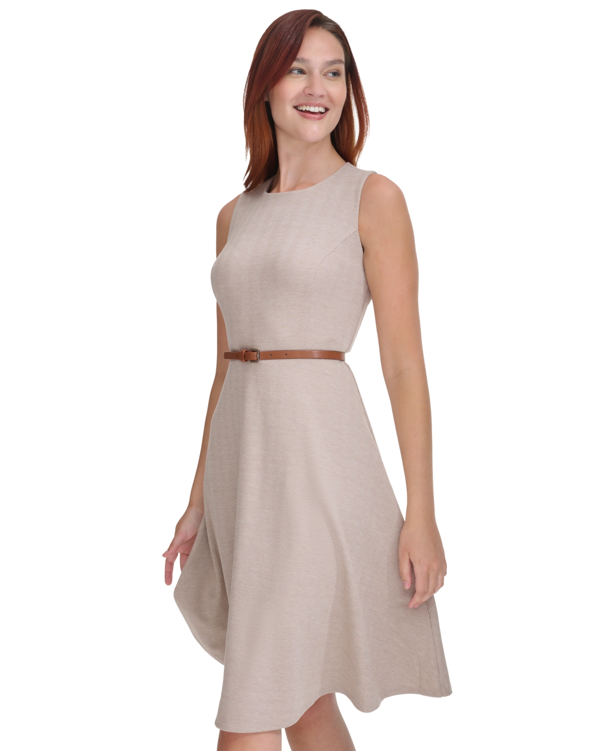 Tommy Hilfiger Women's Sleeveless Crewnek Herringbone Belted Fit & Flare Dress -i