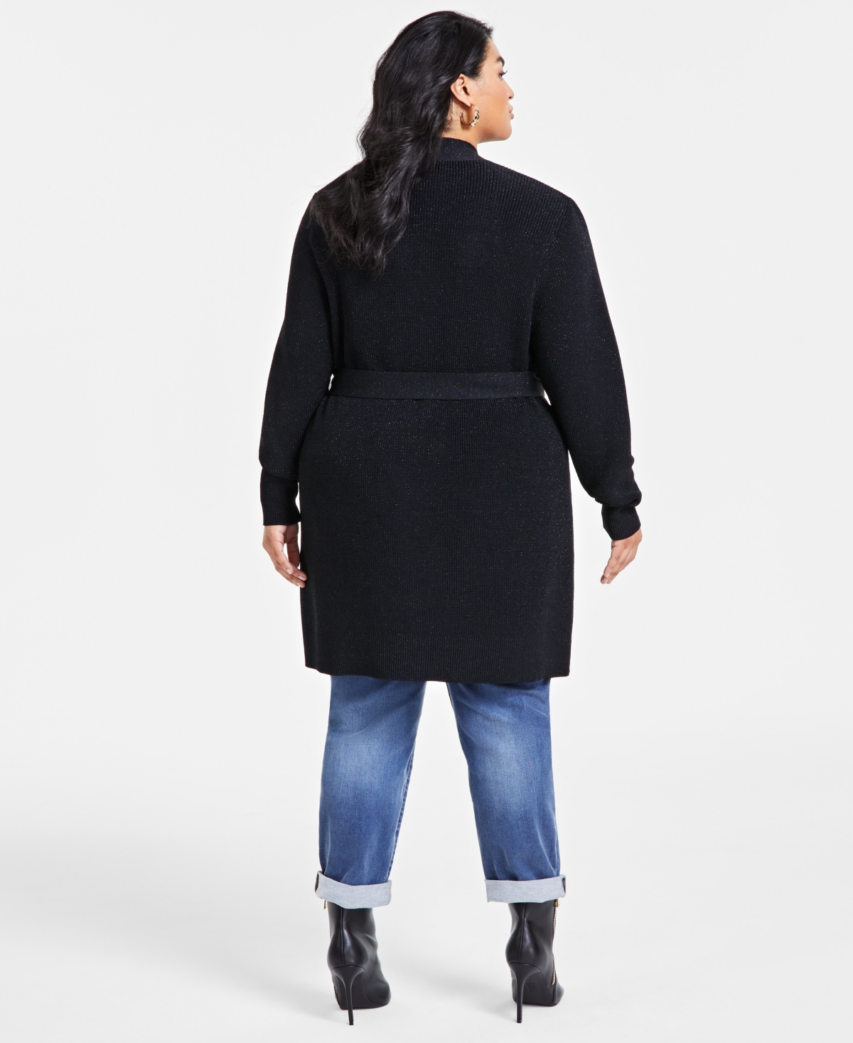 Inc International Concepts Plus Size Metallic Double-breasted Cardigan, Created For Macy's In Deep Black