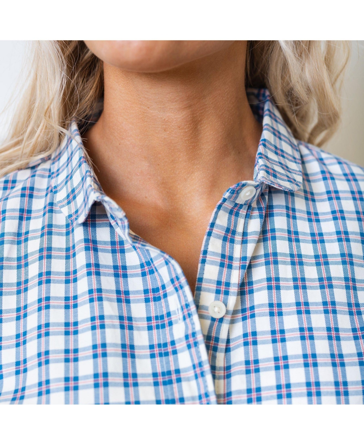 Hope & Henry Women's Short Sleeve Button Front Tiered Maxi Dress with Waist Sash - Ivory and blue check