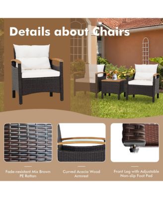 3PCS Patio PE Rattan Conversation Furniture Set Bistro Set Acacia Wood Tabletop