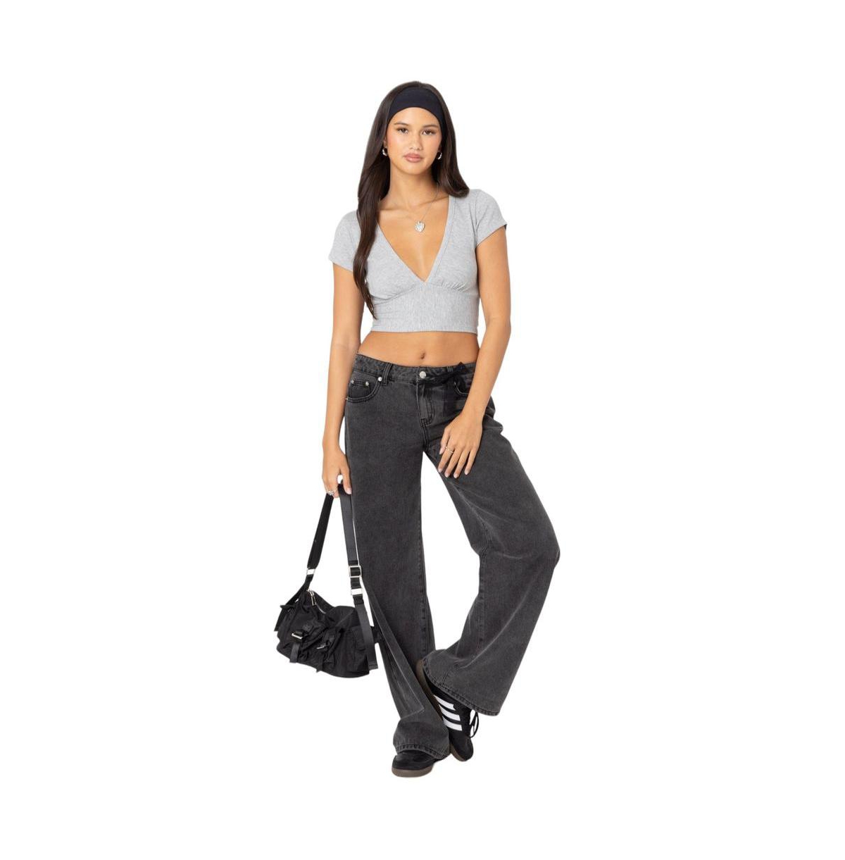 Edikted Women's Deep V neck Crop Top top - Gray-melange