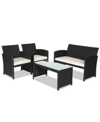 4 Pieces Rattan Patio Furniture Set with Weather Resistant Cushions and Tempered Glass Tabletop