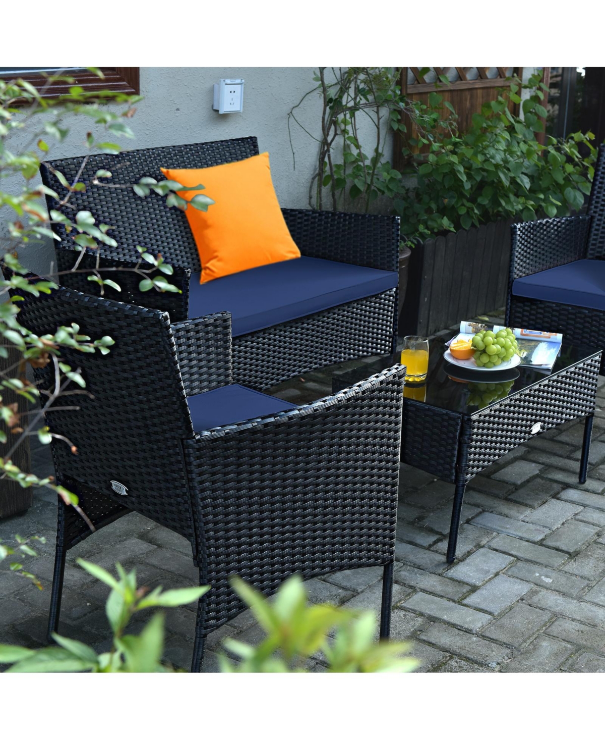 Sugift 4 Pieces Patio Rattan Cushioned Sofa Set with Tempered Glass Coffee Table- Navy