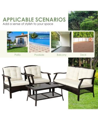 4PCS Rattan Patio Conversation Furniture Set Wicker Sofa Set w/ Waterproof Cover