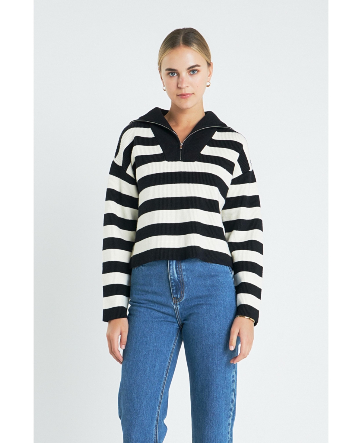English Factory Women's Striped Half-Zip Sweater -ivory