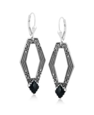 Sterling Silver and Geometric Shape Black Agate Gemstone Lever Back Earrings
