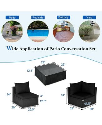 7 Pieces Sectional Wicker Furniture Sofa Set with Tempered Glass Top-Black