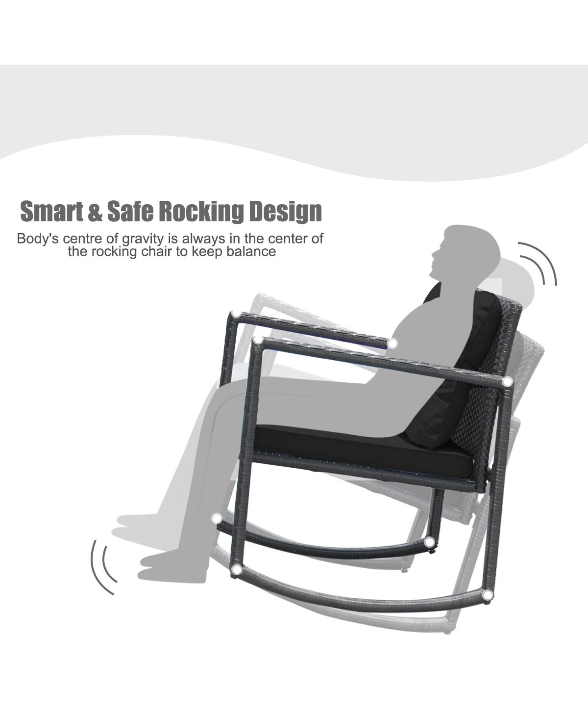 Sugift 3 Pieces Cushioned Patio Rattan Set with Rocking Chair and Table- Black