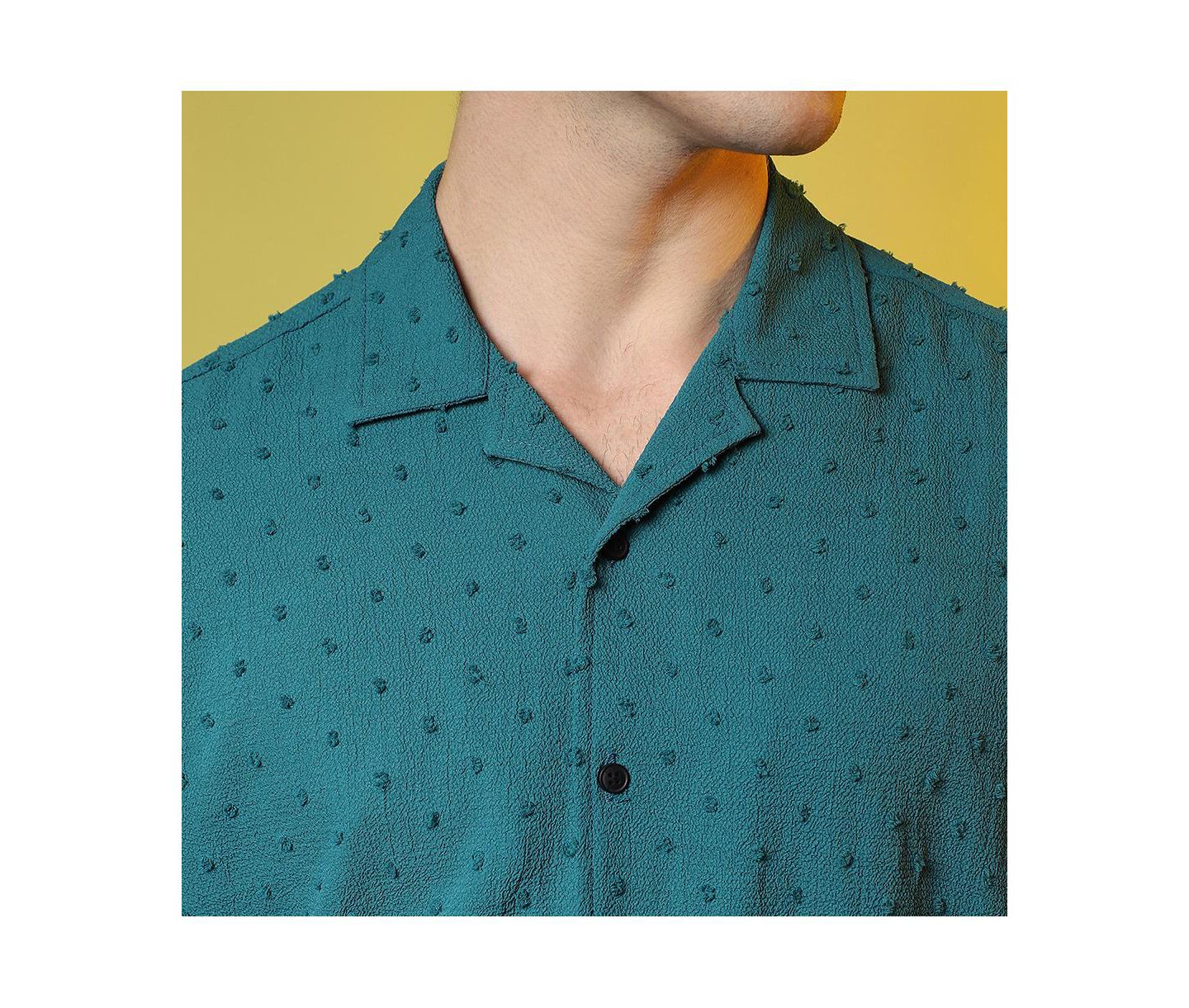 Мужская рубашка Cahoot Teal Green Self-Design Pom-Pom — фото 8
