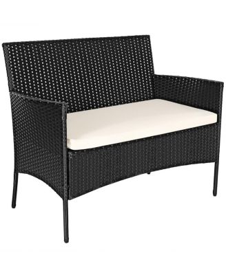 4 Pieces Patio Rattan Cushioned Conversation Sets with Tempered Glass Coffee Table