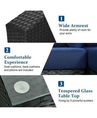 7 Pieces Sectional Wicker Furniture Sofa Set with Tempered Glass Top-Navy